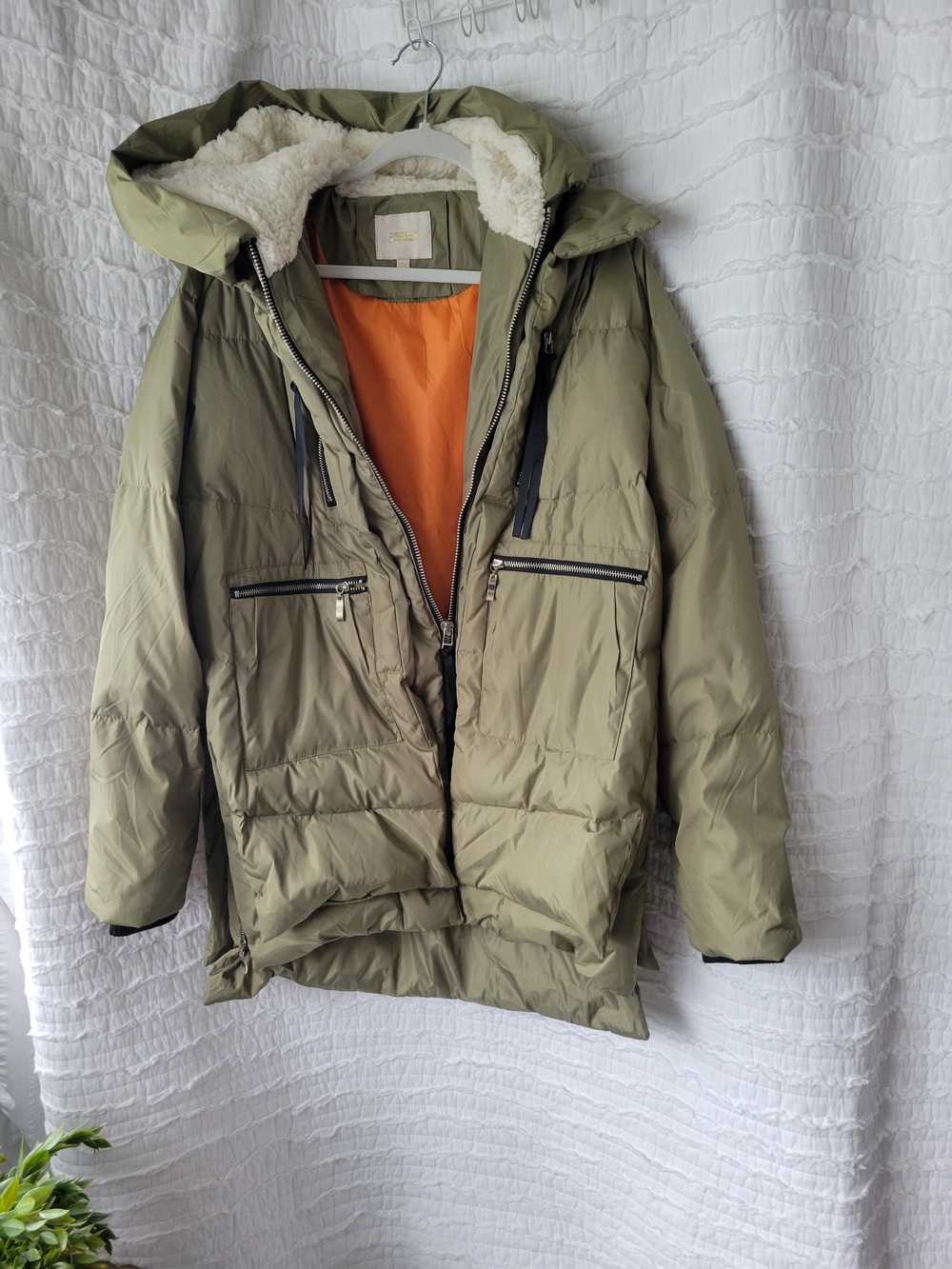 Orolay Women's Khaki Olive Green Hooded Puffer Coat with Orange Lining XXL